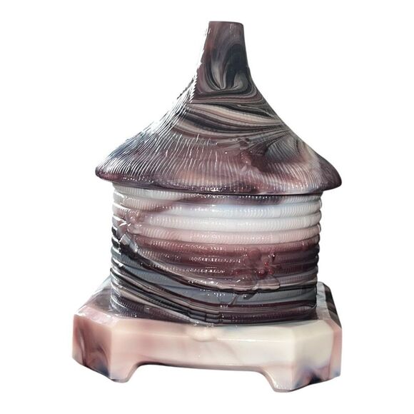 Vintage Purple Slag Malachite Glass Honey Pot w/ Lid Bee Pattern EUC - Picture 2 of 10